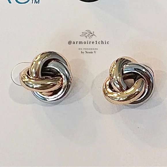TIME & TRU | Hypoallergenic, Elegant Two-Toned Gold and Silver Knot Earrings - Picture 12 of 12